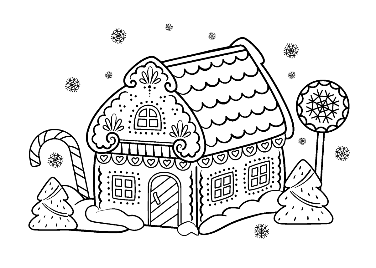 Casinha de gengibre com pirulitos no jardim para colorir