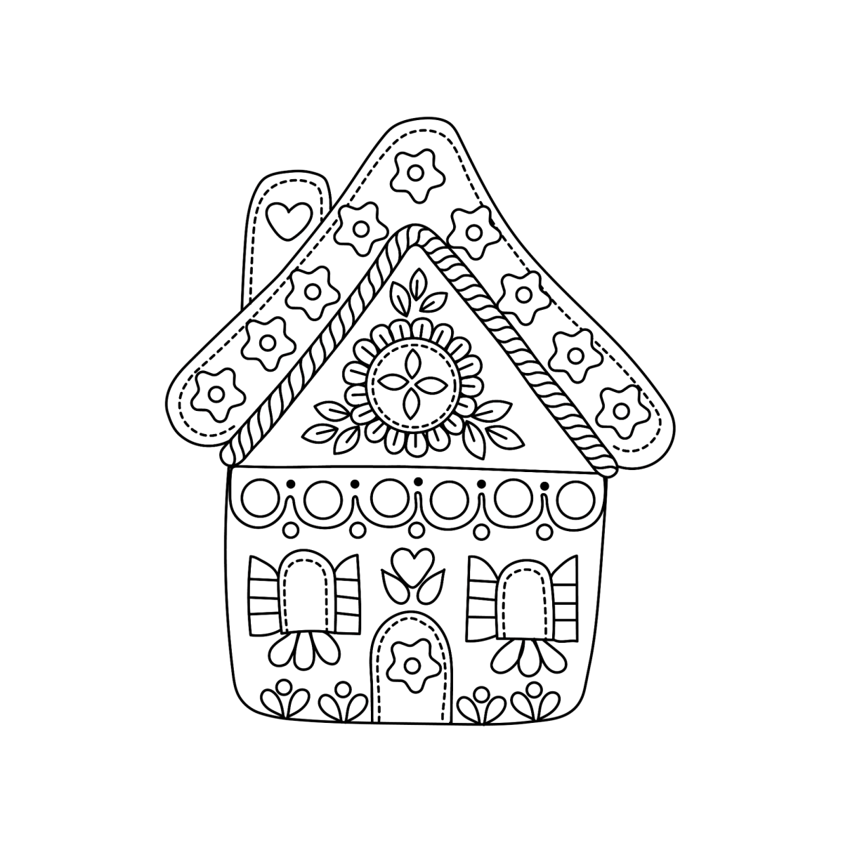 Casinha de gengibre com telhado de biscoitos para colorir