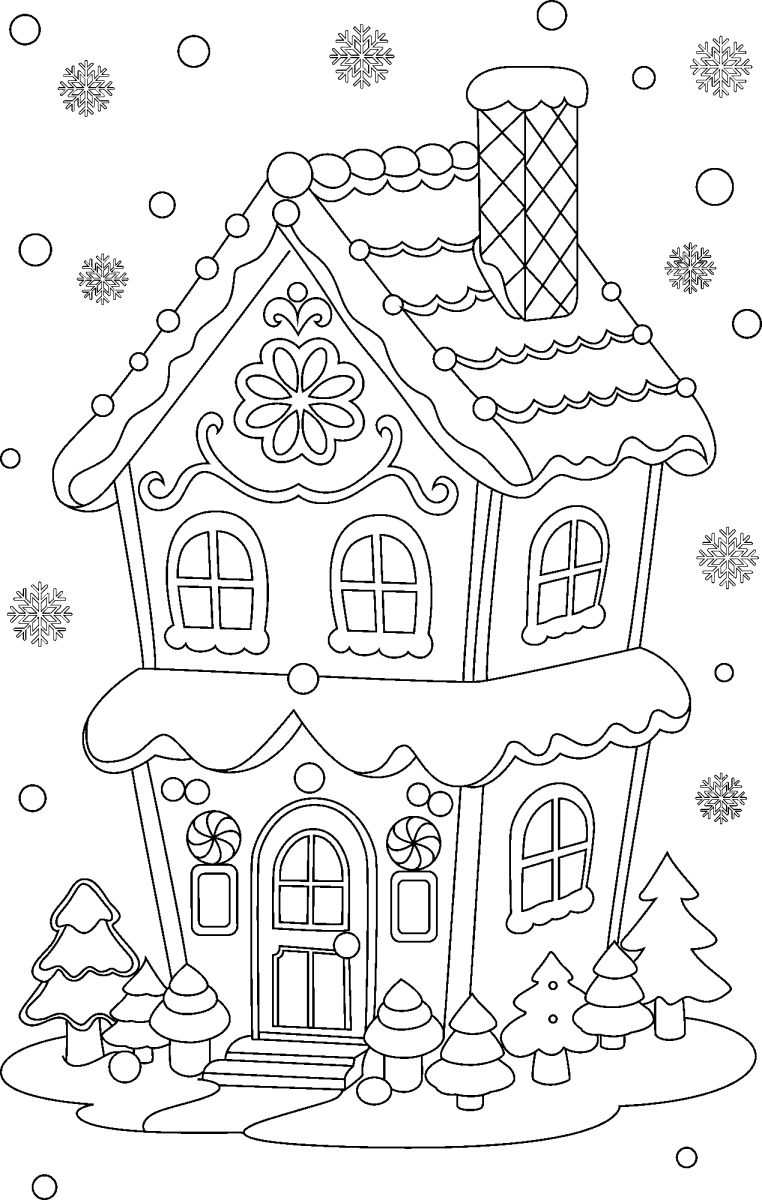 Casinha de gengibre enfeitada entre flocos de neve para colorir