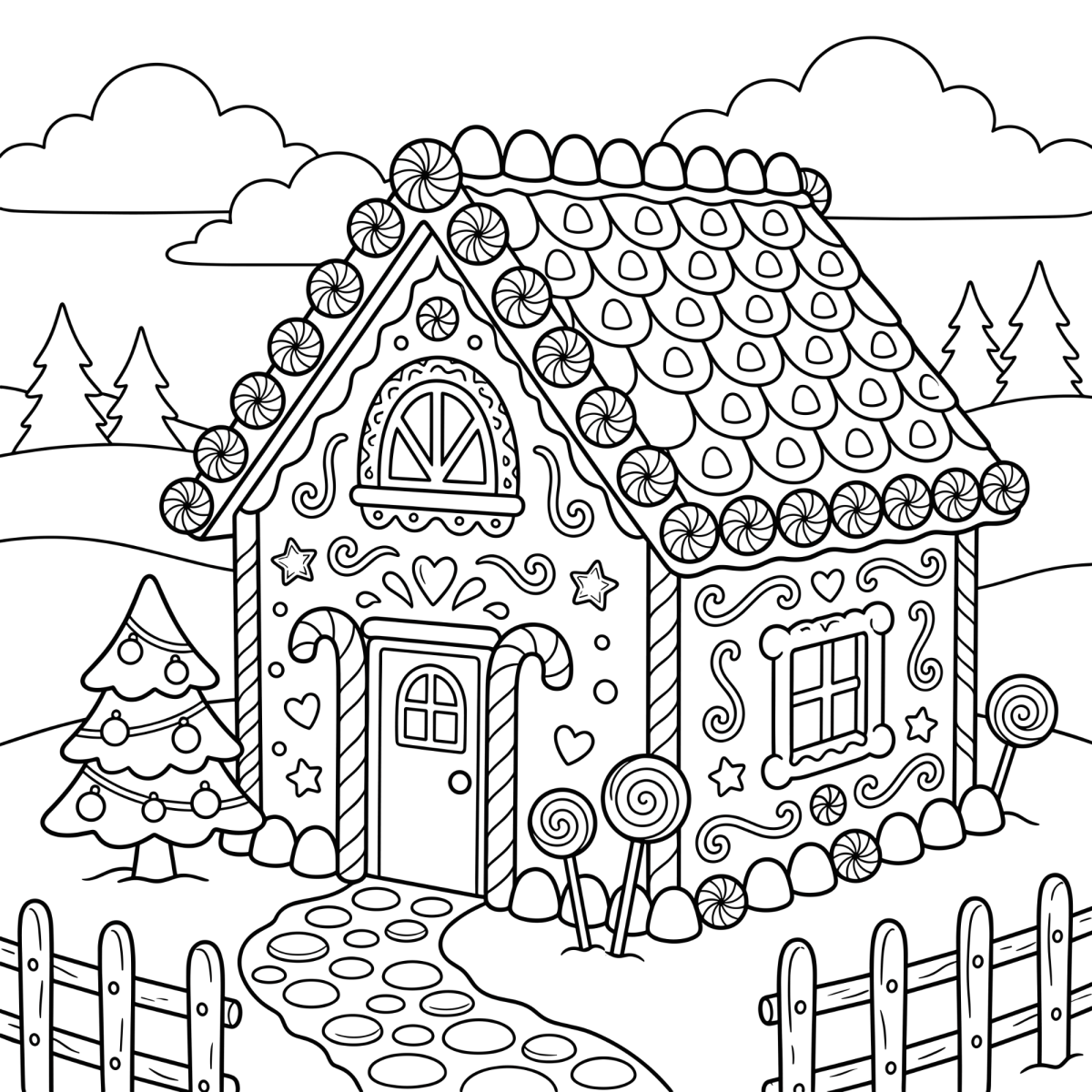 Casinha de gengibre na neve com cerquinha para colorir