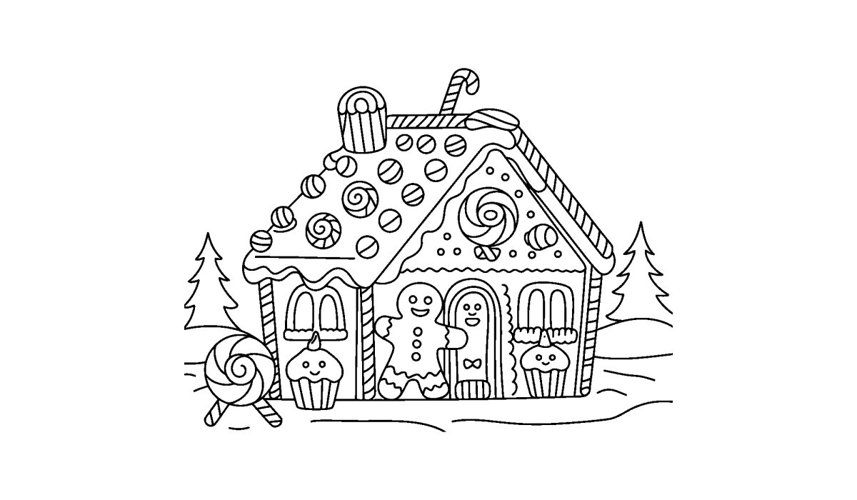 Casinha de gengibre pequena na neve para colorir