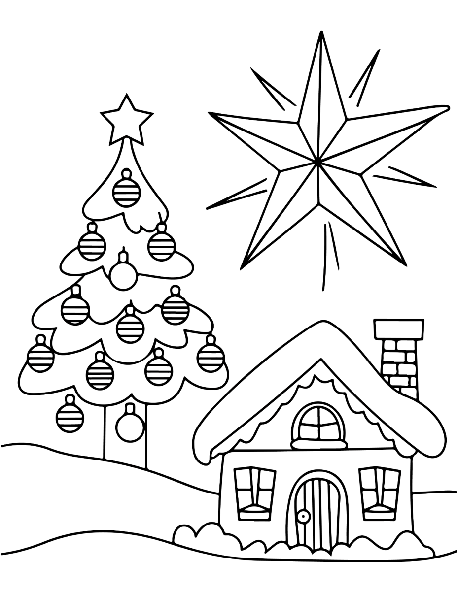 Casinha na neve com estrela de Natal para colorir