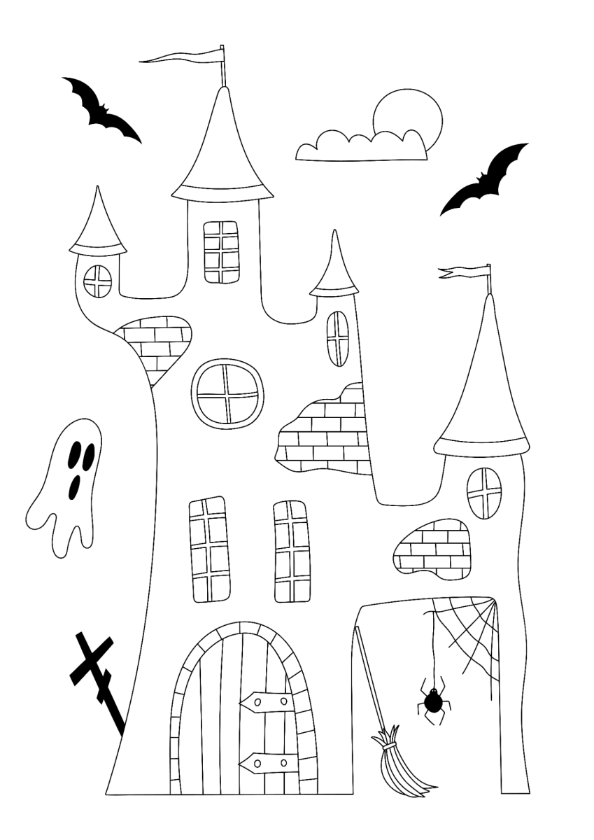 Castelo assombrado com fantasma para colorir