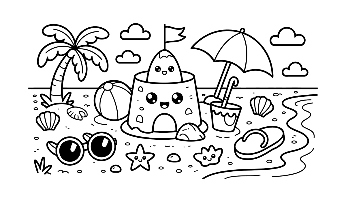 Castelo de areia e brinquedos de praia para colorir