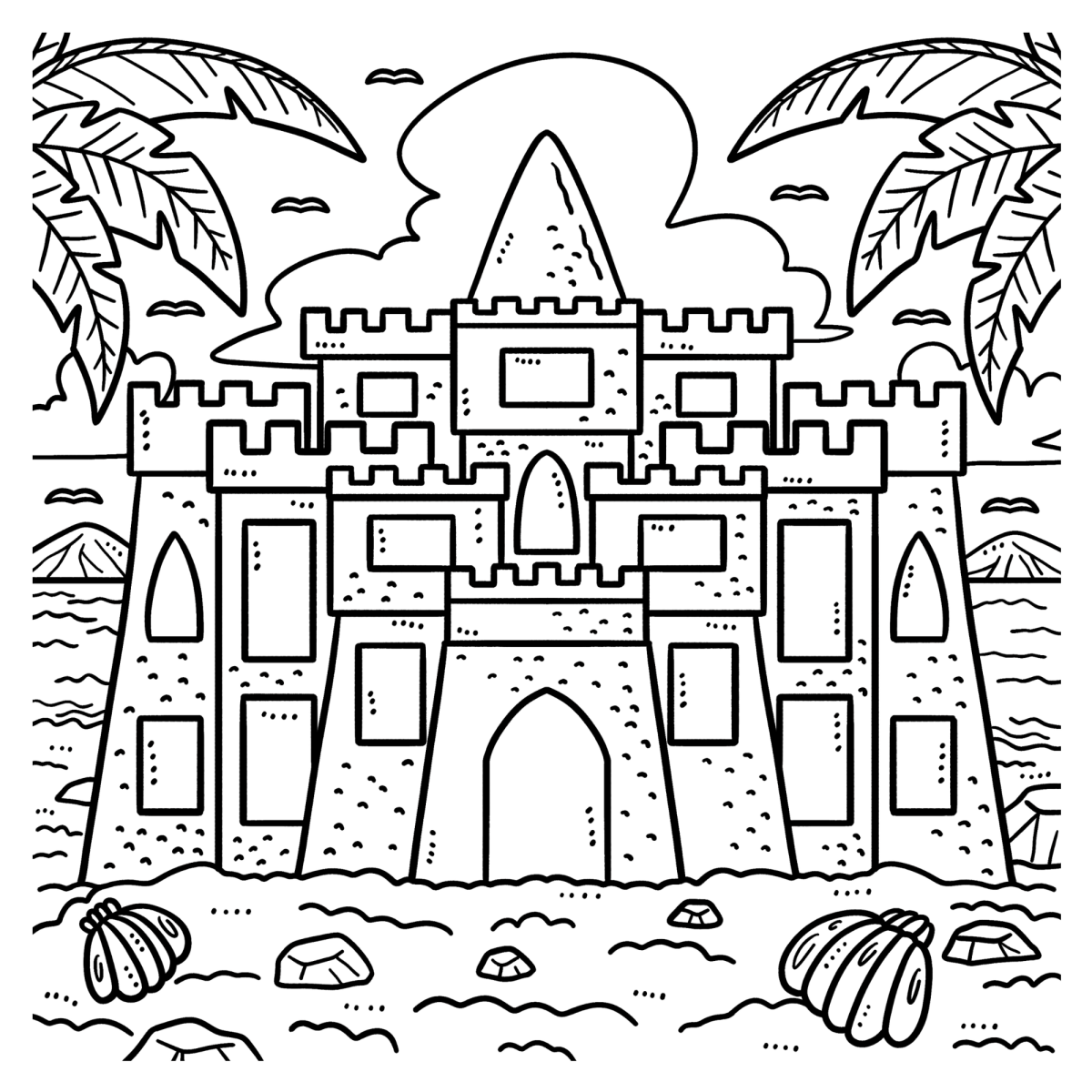 Castelo de areia gigante com conchas para colorir