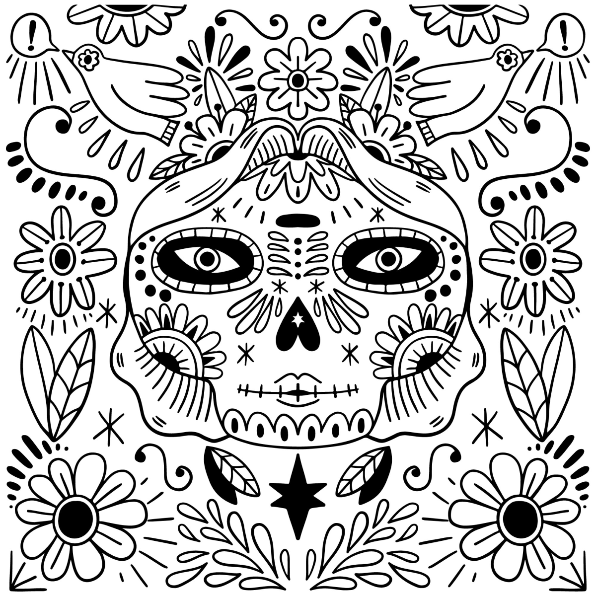 Catrina com flores e notas musicais para colorir