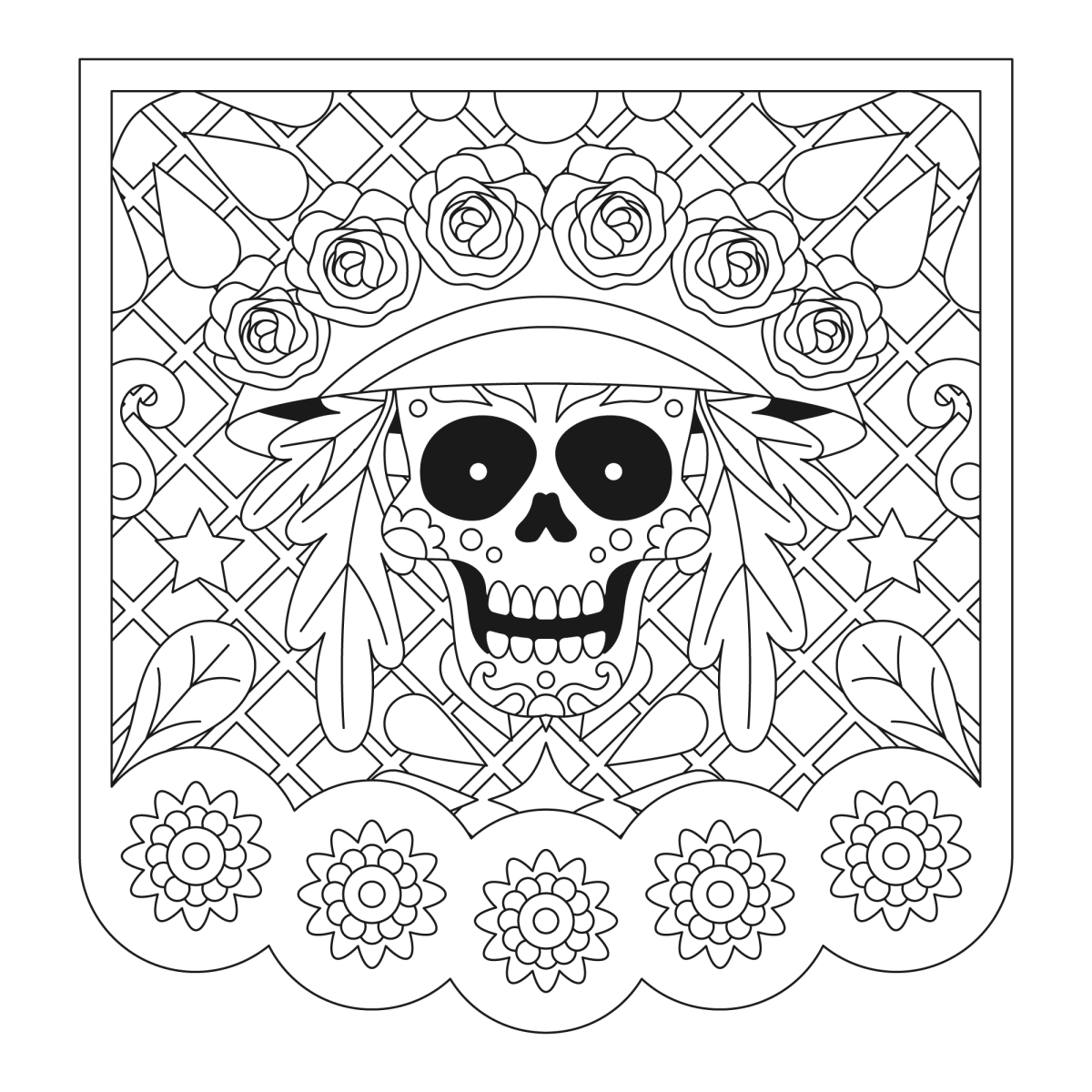 Catrina de chapéu em moldura de papel picado para colorir