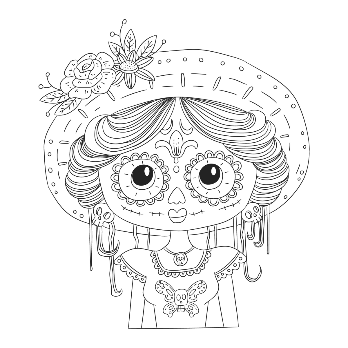 Catrina de pertinho com brincos e flores no cabelo para colorir