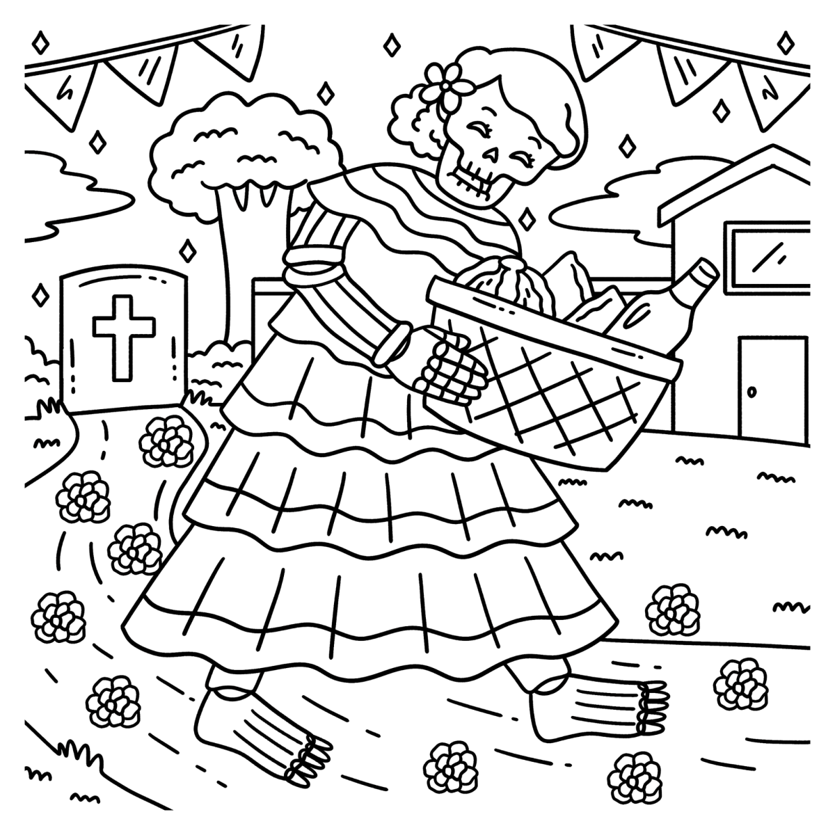 Catrina de vestido longo com cesta de flores para colorir