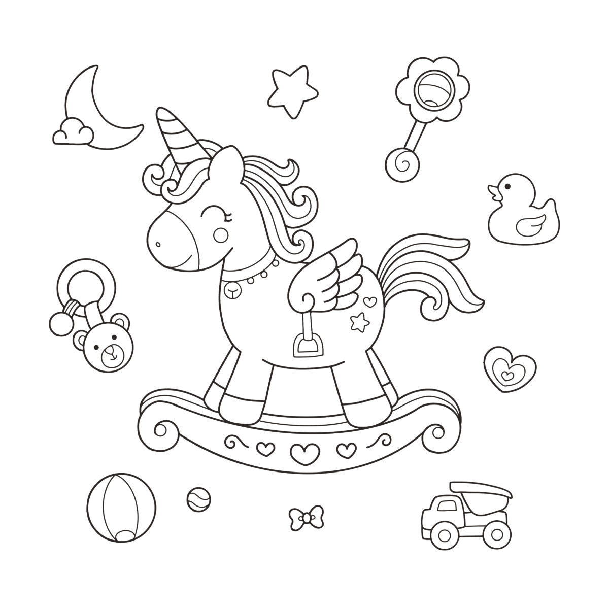 Cavalinho de balanço unicórnio com brinquedos para colorir