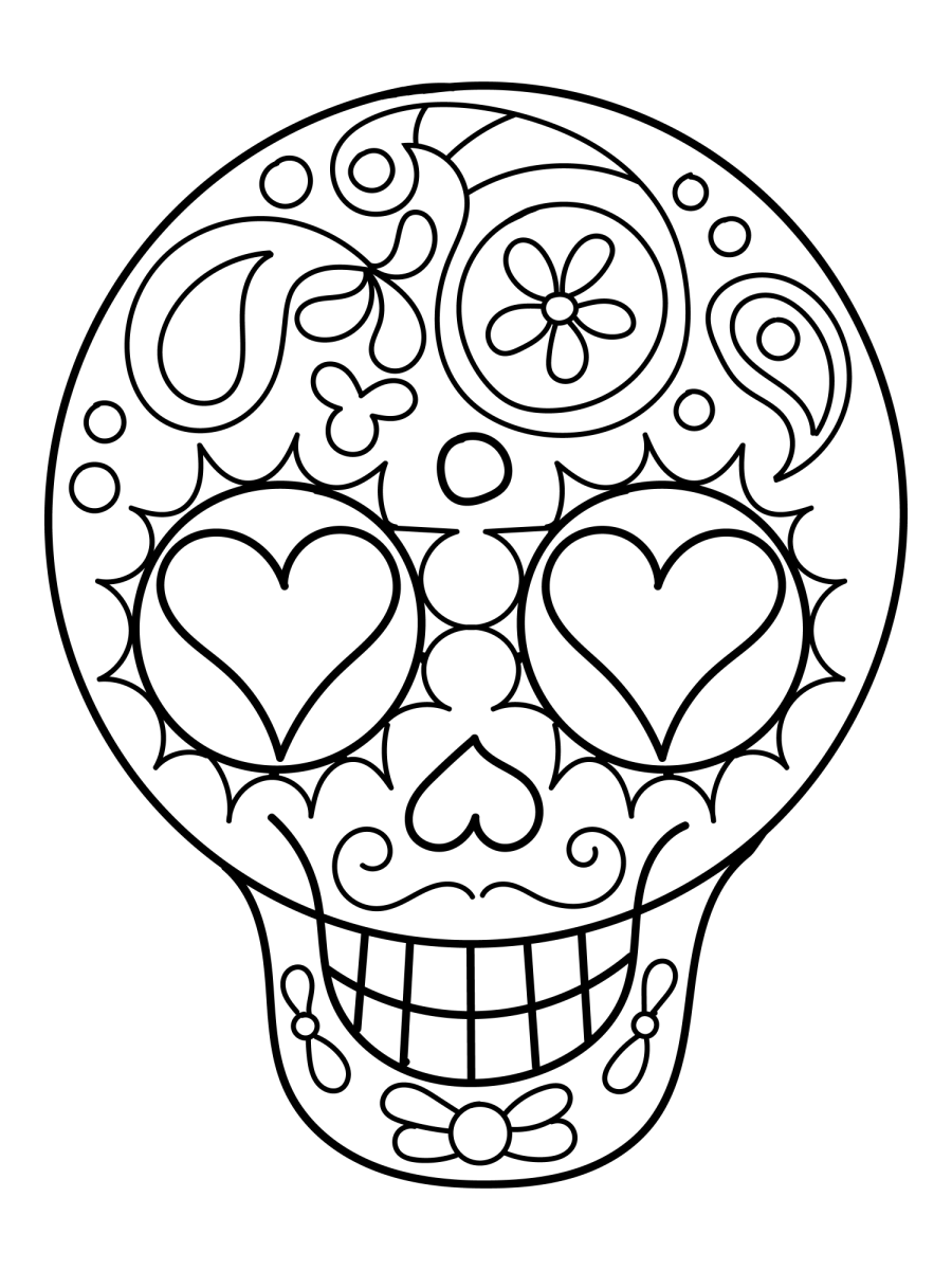 Caveira com corações e arabescos para colorir