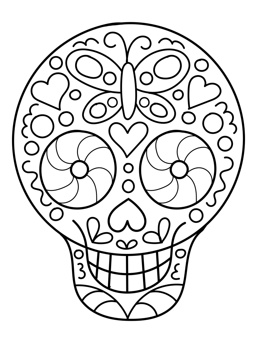 Caveira com corações e pétalas para colorir