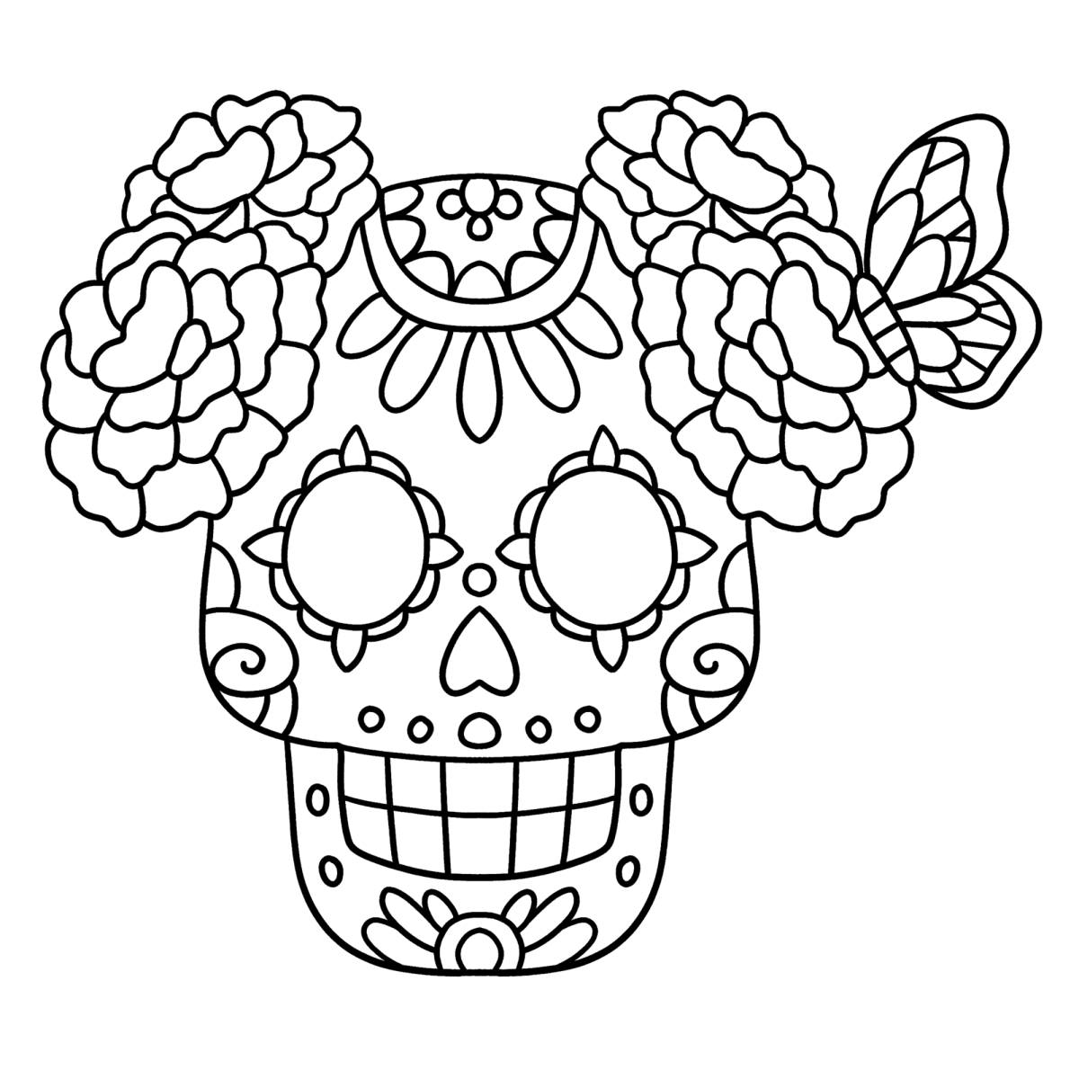 Caveira com coroa de flores e borboleta para colorir