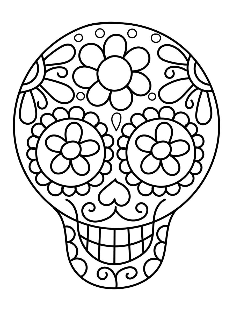 Caveira com flores nos olhos e na testa para colorir