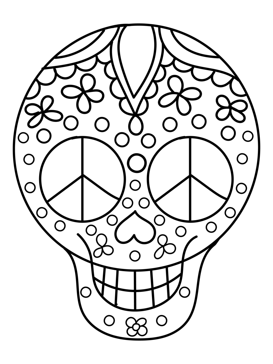 Caveira com símbolos da paz nos olhos para colorir