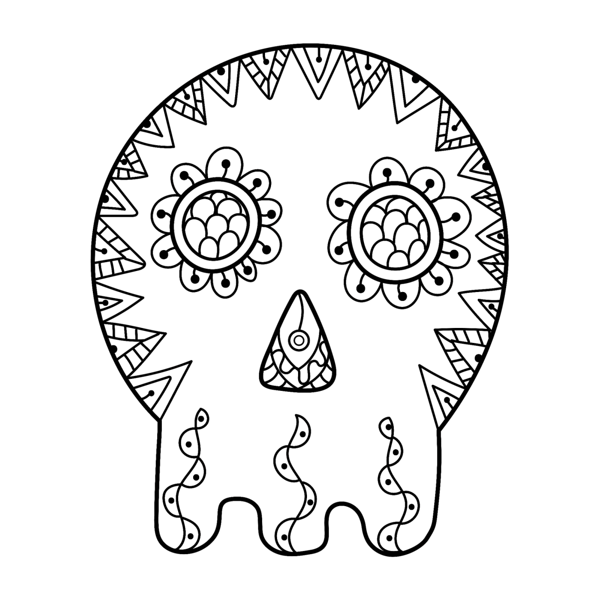Caveira com triângulos e espirais para colorir