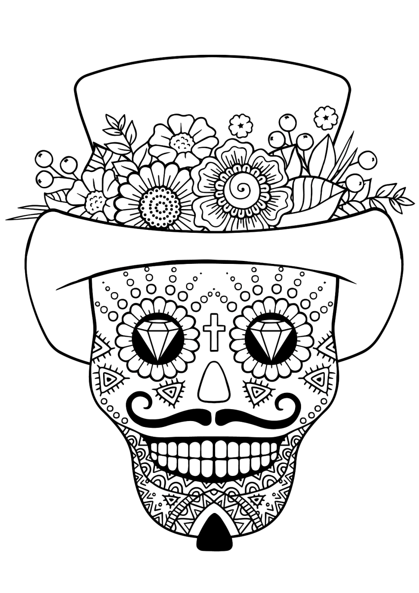 Caveira de cartola e bigode para colorir