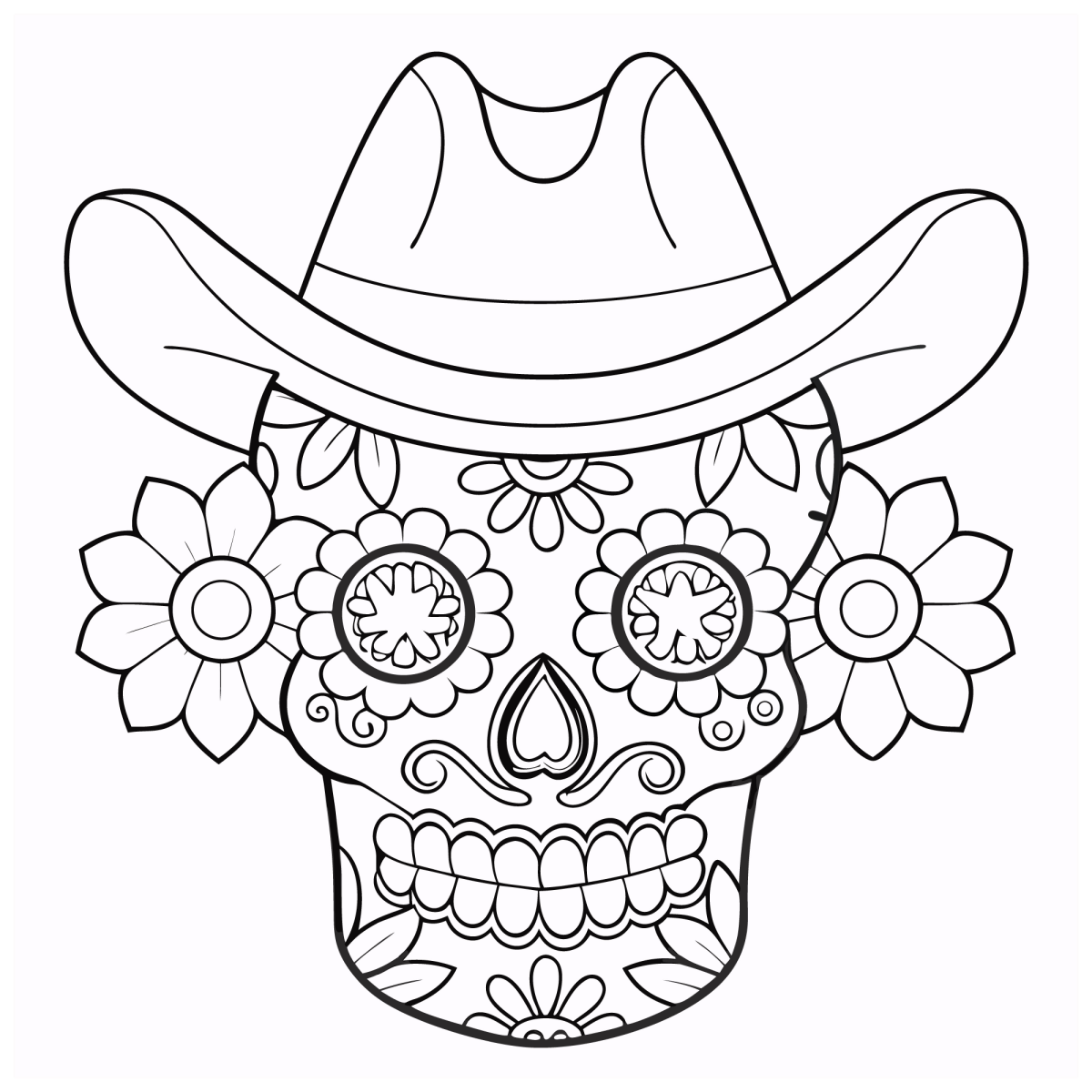 Caveira de chapéu de cowboy com flores para colorir
