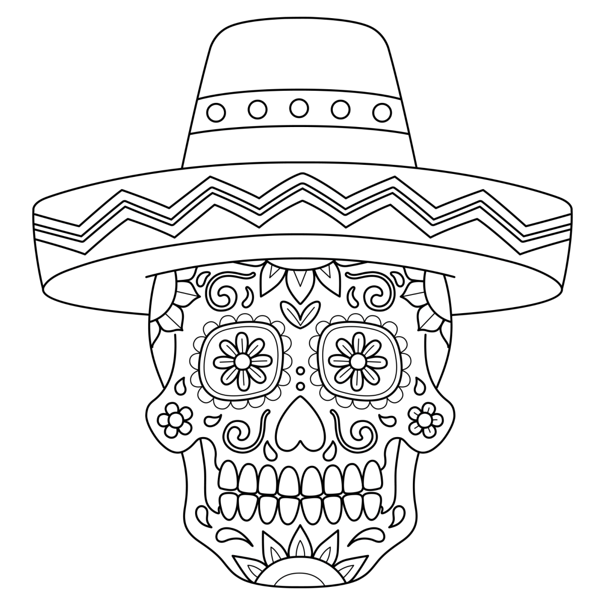 Caveira mexicana de sombrero para colorir