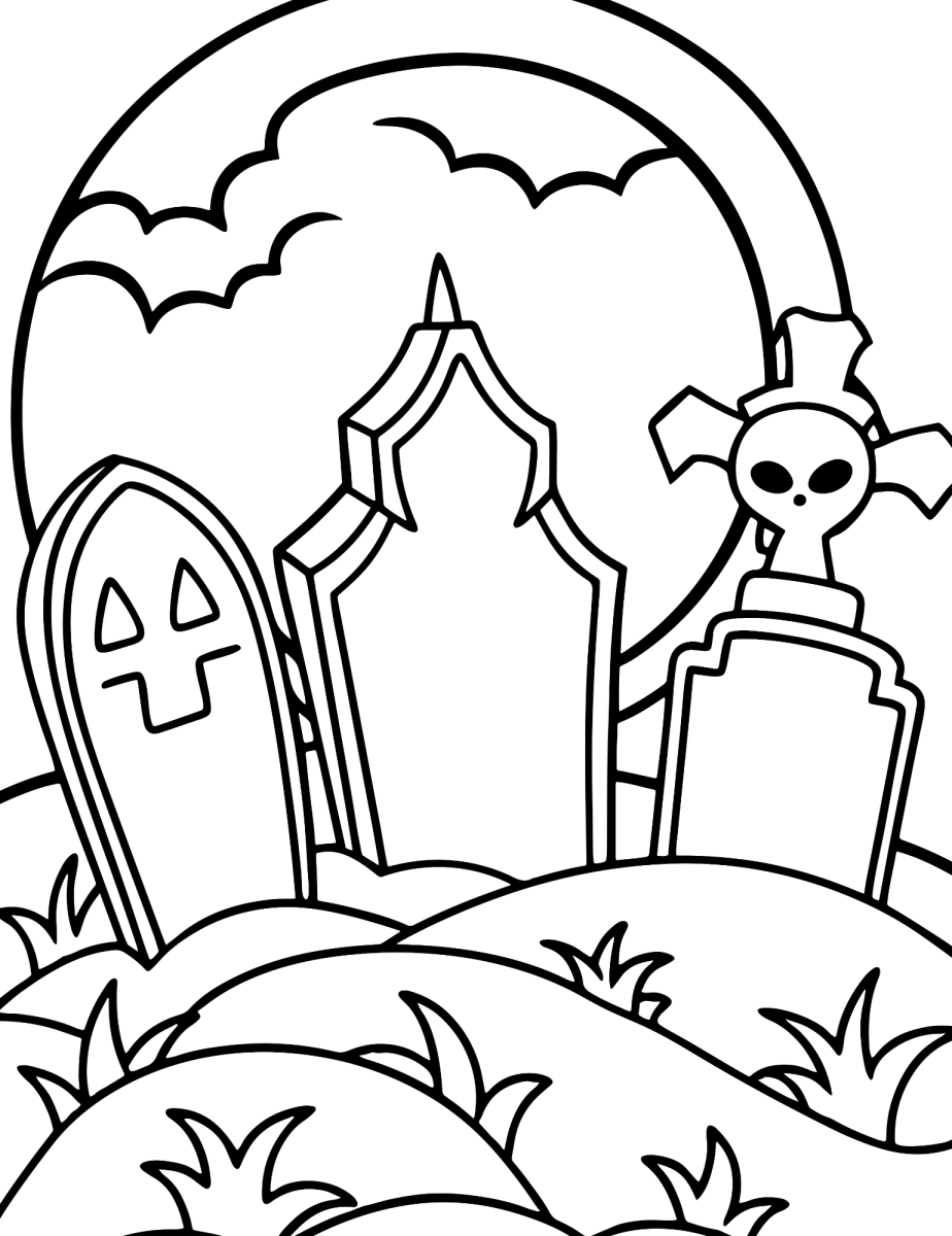 Cemitério com caveira e morcegos sob a lua para colorir