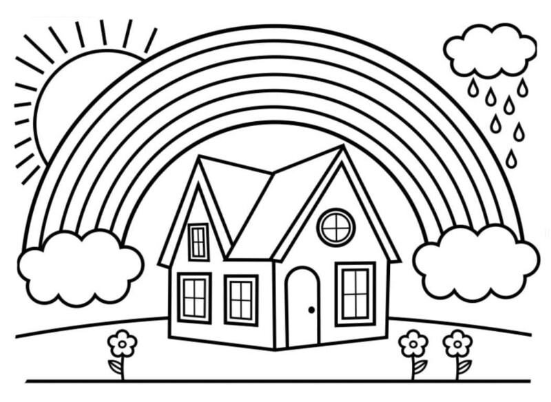 Cenário Encantado: Casa com Arco-íris