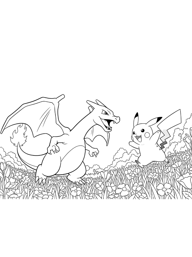 Charizard e Pikachu no campo para colorir