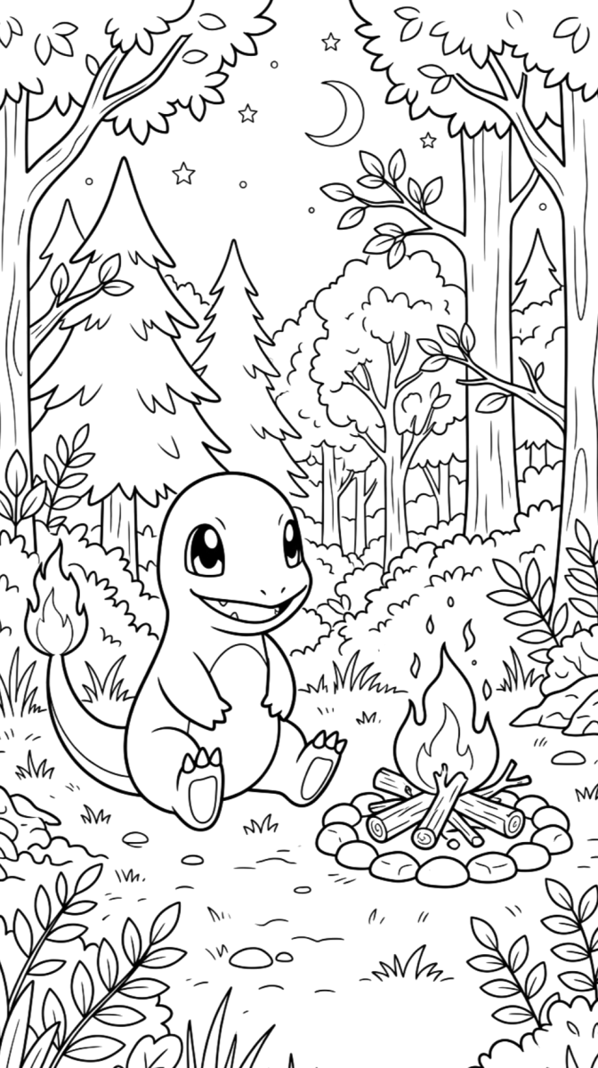 Charmander acampando na floresta para colorir