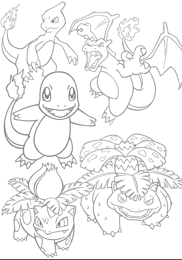 Charmander, Squirtle e Bulbasaur, os iniciais para colorir