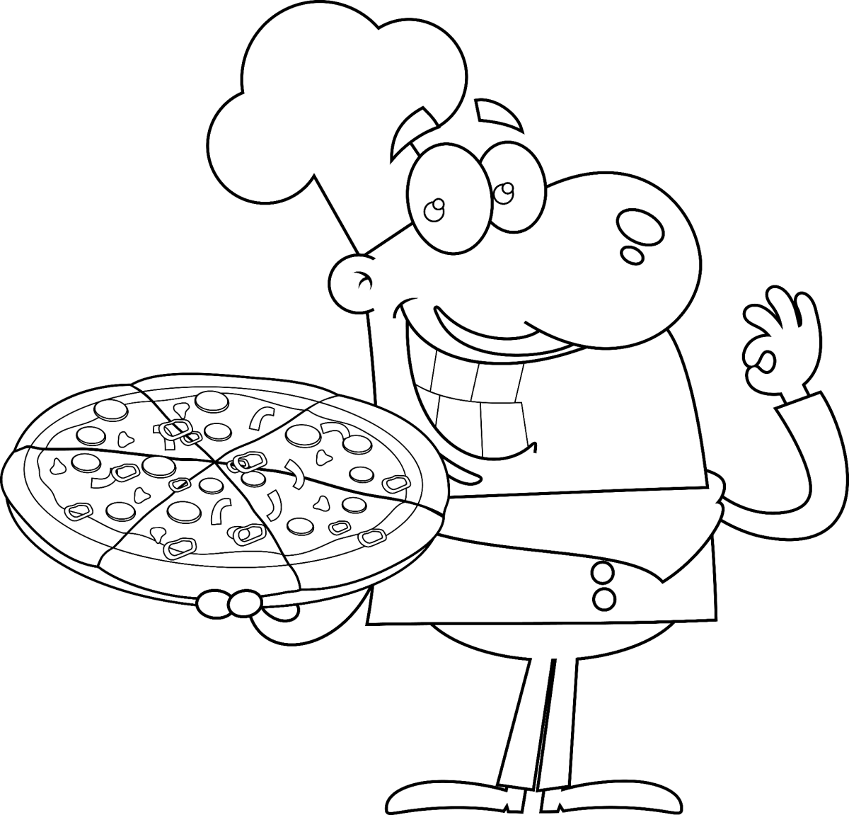 Chef sorridente apresentando a pizza para colorir