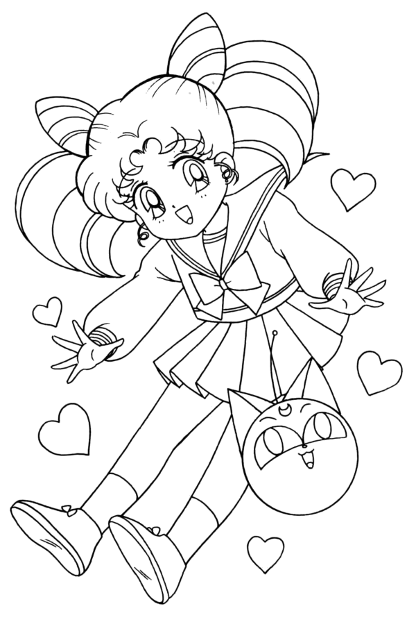 Chibi Moon rodeada de corações para colorir