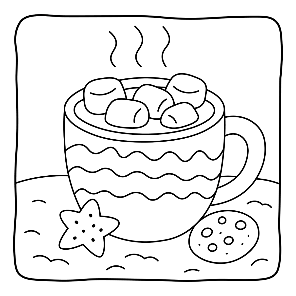 Chocolate quente com biscoitos na mesa para colorir