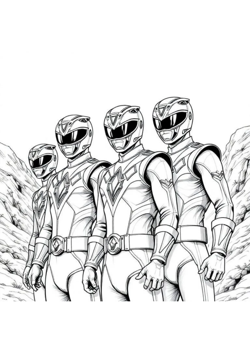 Cinco Power Rangers reunidos em pose de equipe para colorir