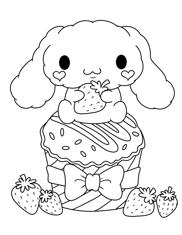 Cinnamoroll abraçando um cupcake de morango para colorir
