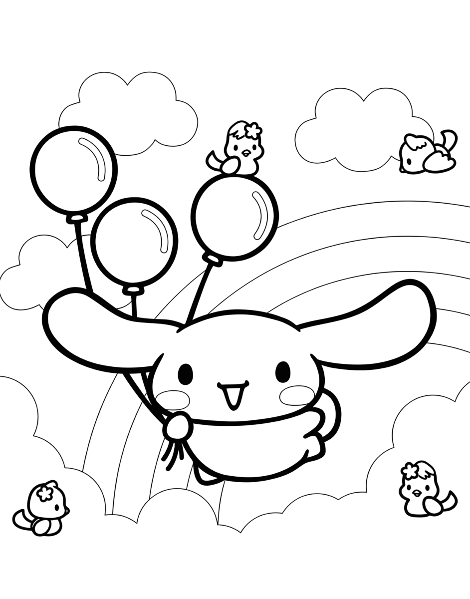 Cinnamoroll com balões e arco-íris para colorir