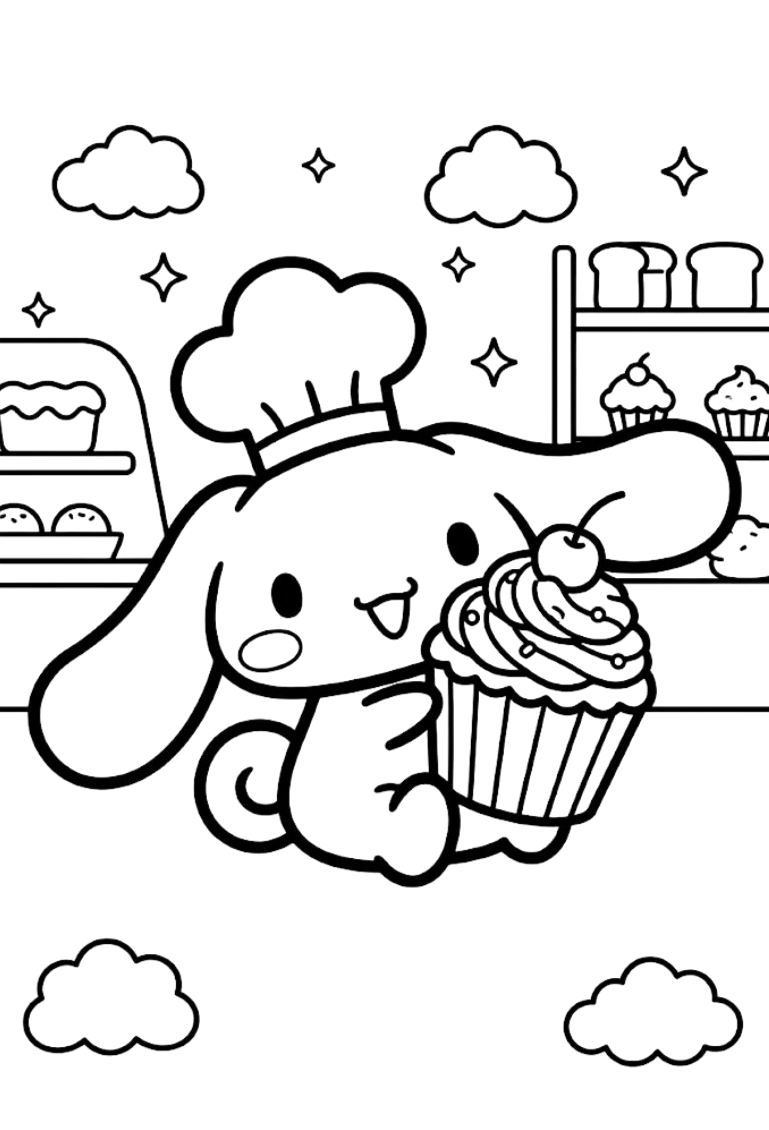 Cinnamoroll confeiteiro com cupcake na cozinha para colorir