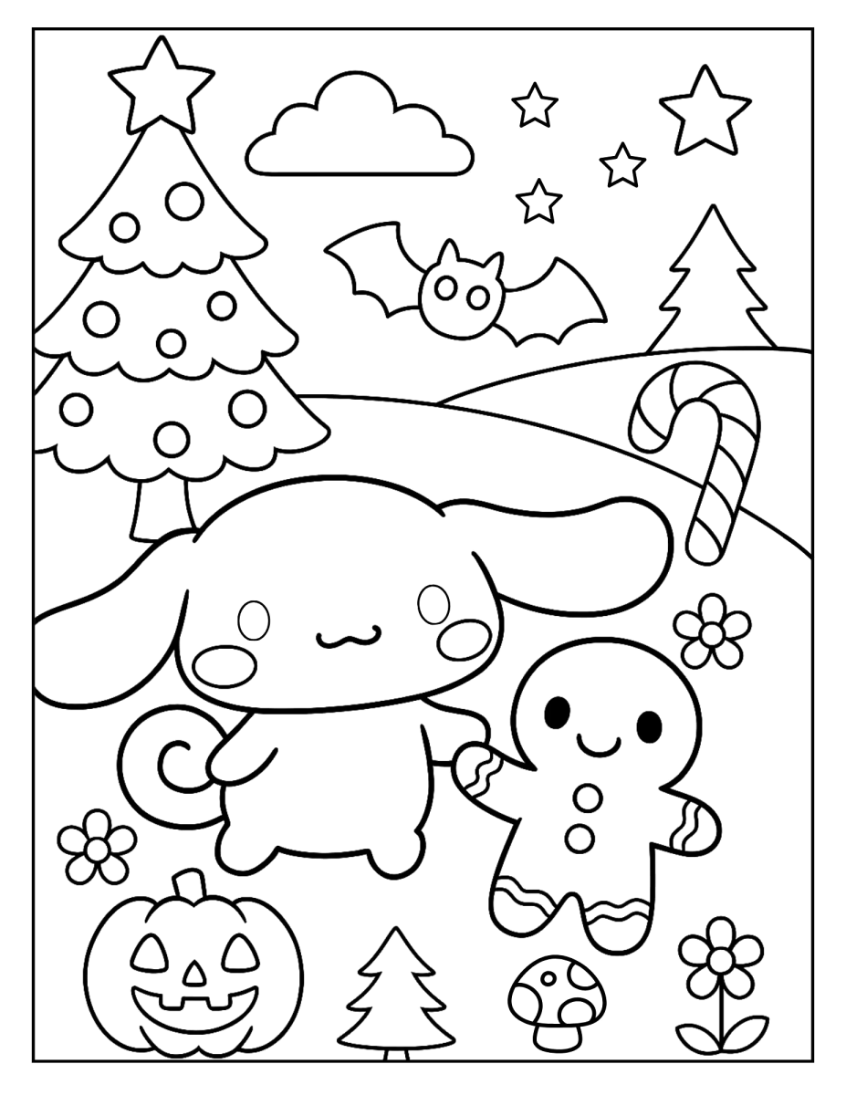 Cinnamoroll decorando a árvore de Natal para colorir