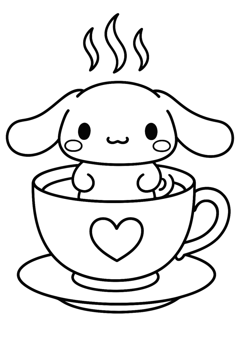 Cinnamoroll dentro da xícara com coração para colorir