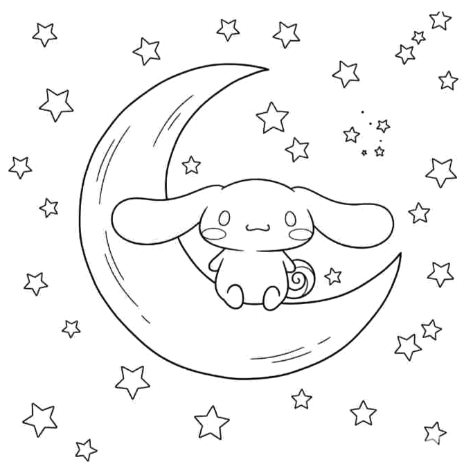 Cinnamoroll dormindo na lua entre estrelas para colorir