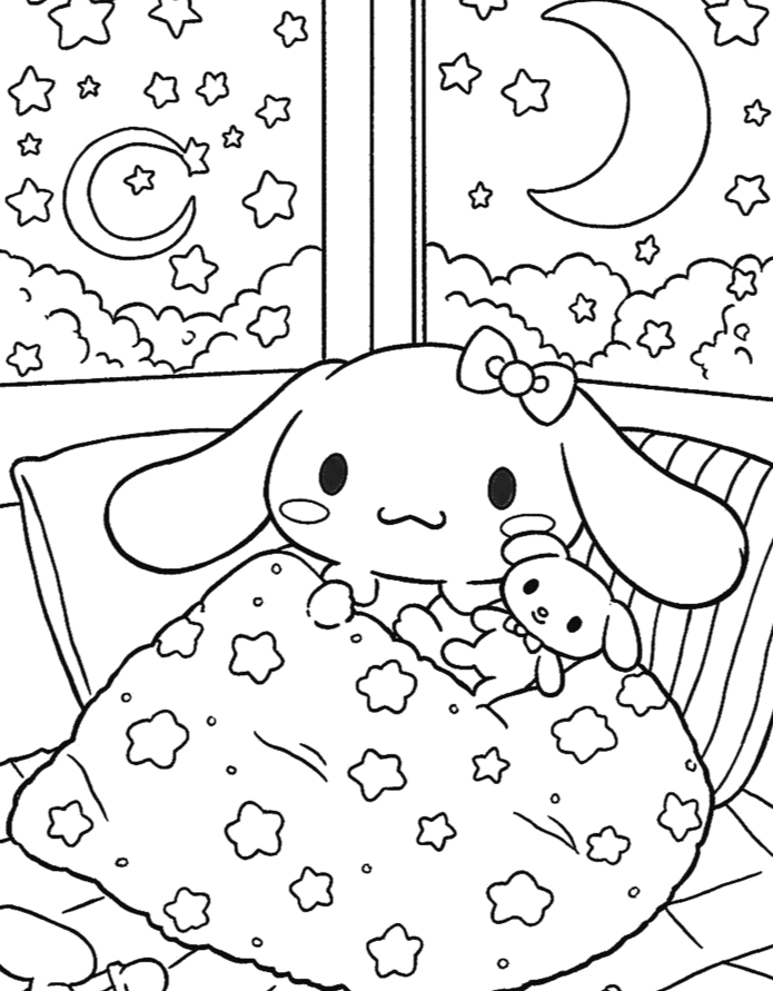 Cinnamoroll enrolado na coberta de estrelas para colorir