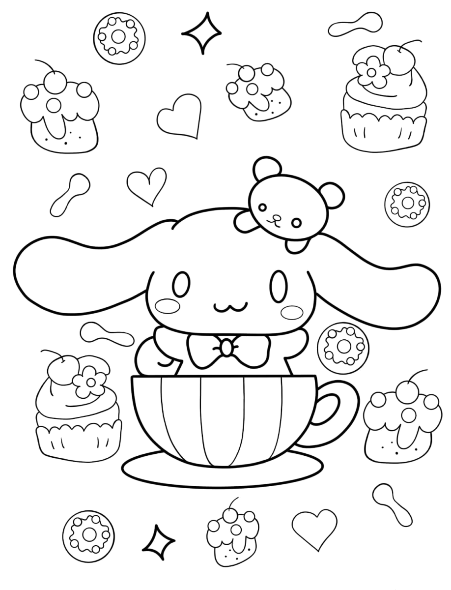 Cinnamoroll na xícara cercado de doces para colorir