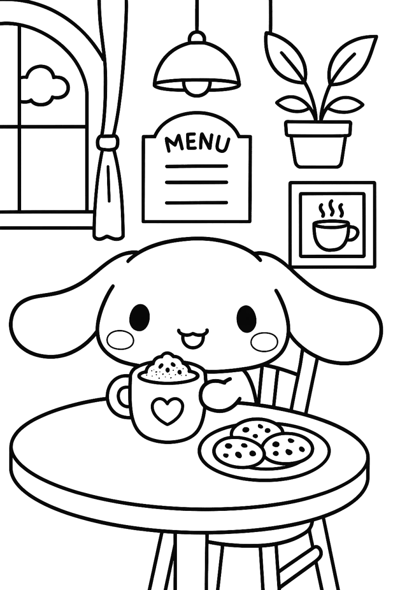 Cinnamoroll no café tomando chá com biscoitos para colorir