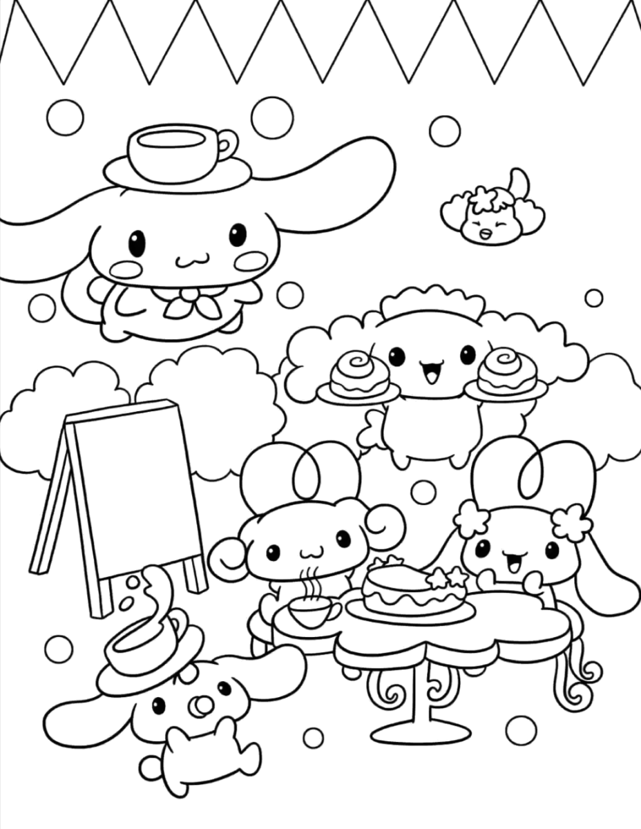Cinnamoroll pintando com os amigos na festa para colorir
