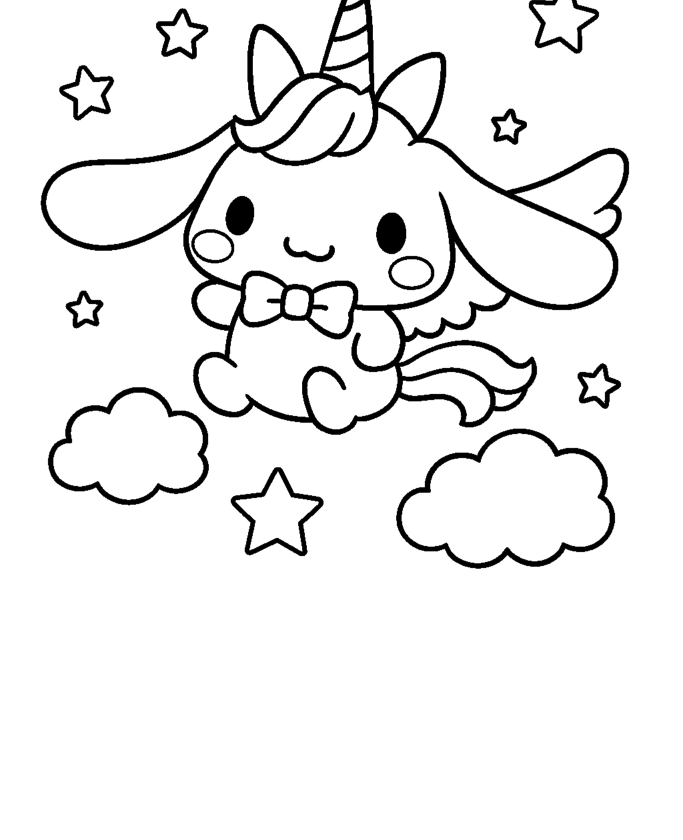 Cinnamoroll unicórnio sentado nas nuvens para colorir