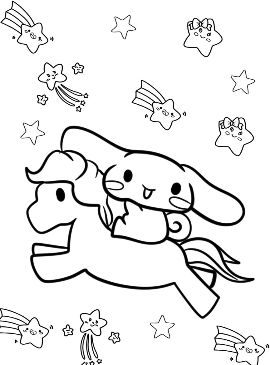 Cinnamoroll voando como unicórnio entre estrelas cadentes para colorir