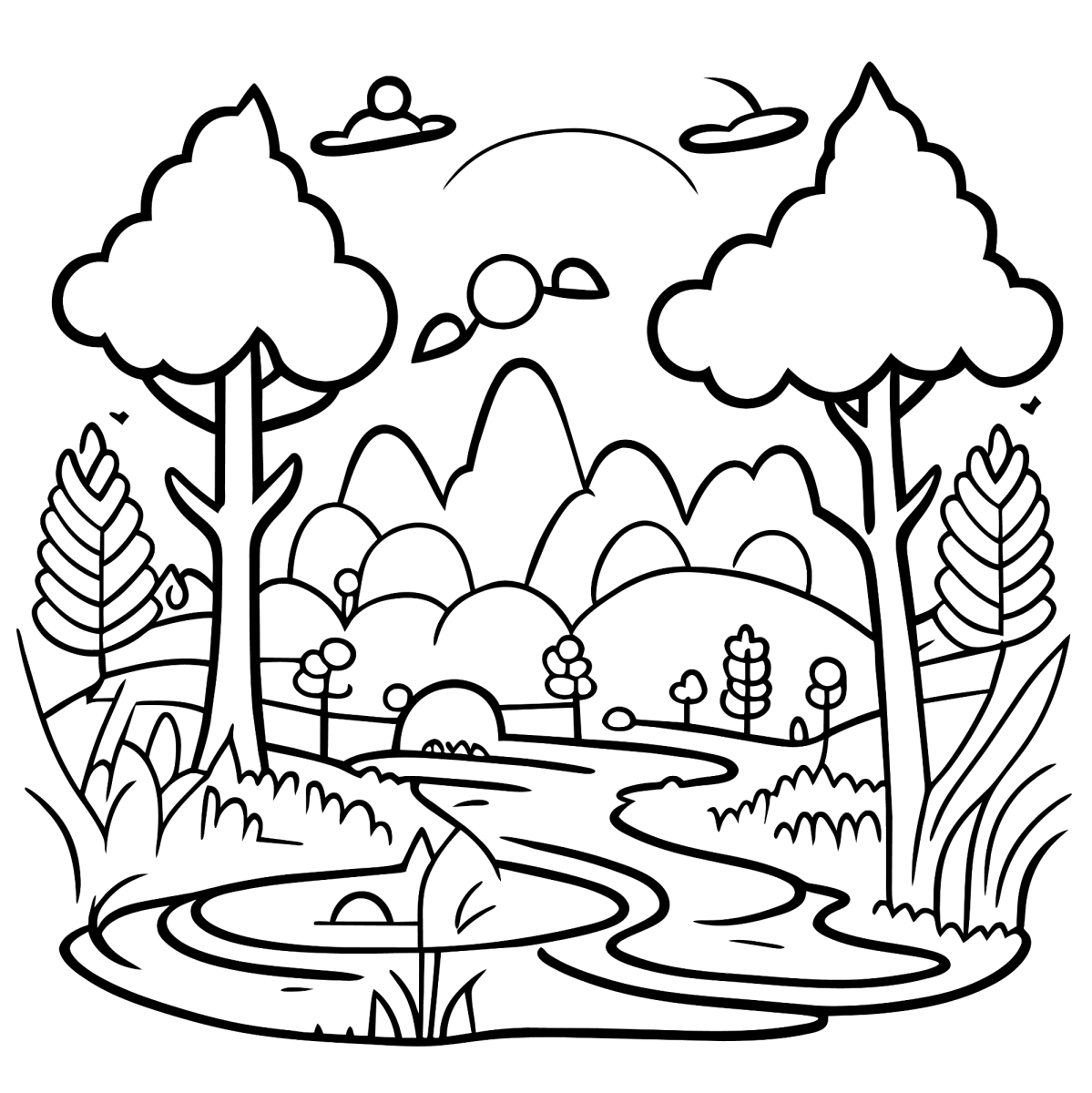 Clareira com árvores, lago e montanhas para colorir