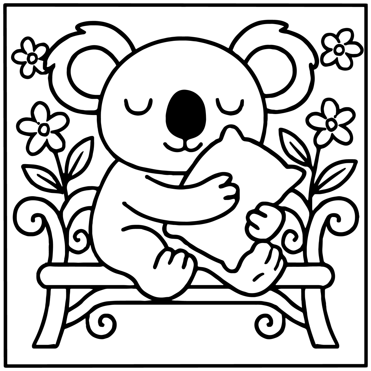 Coala sentado no banquinho com flores para colorir