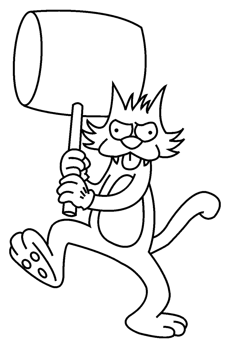 Coçadinha, o gato, correndo com o martelo para colorir