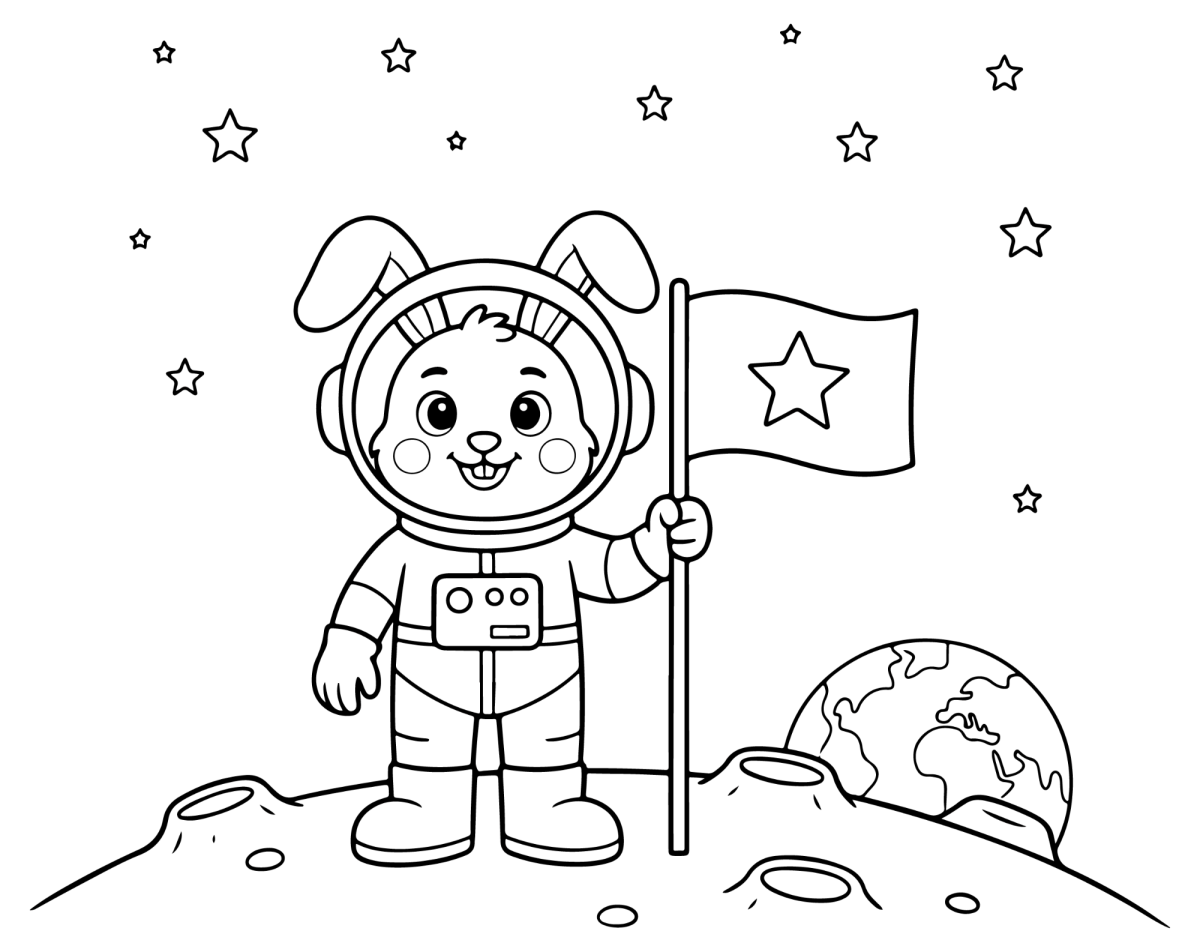 Coelhinho astronauta com bandeira na lua para colorir