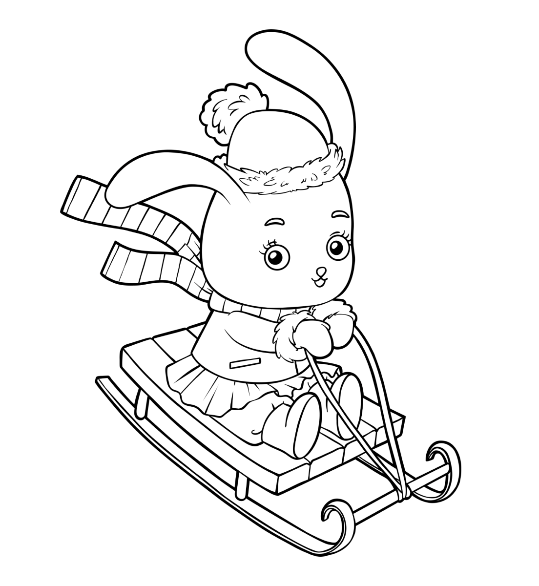 Coelhinho de touca descendo no trenó para colorir