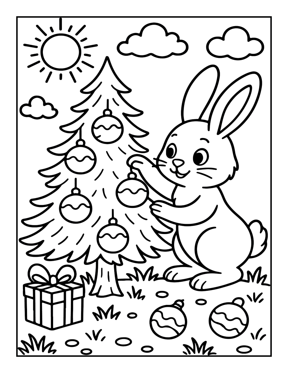 Coelhinho enfeitando a árvore de Natal para colorir